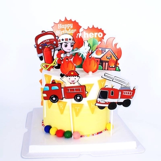 Fire truck cake card firefighter firefighting cake decoration fire extinguisher cake plug-in forest house card