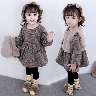 2pcs Baby Girl Clothes Set Children Kids Girls Plaid Vest + Skirt Dress