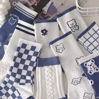Socks female Korean style tube socks ins tide autumn and winter tube cute bear cartoon bluestudent stockings