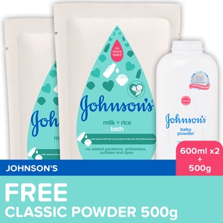 Johnson's Milk+Rice Bath 600ml Refill x 2 + free Powder 500g