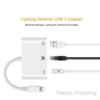 Ready Stock 3-in-1 Lightning to Lightning + USB 3.0 + RJ45 Ethernet LAN Port OTG Adapter for iPhone iPad - White (1)