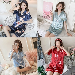 satin women Sleepwear terno print homewear Top & Shorts lapel nightwear Pajama (1)