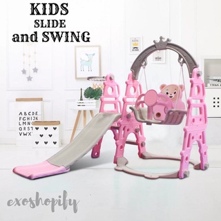 Exoshopify 3 in 1 Kids Slide Swing Set Playground Indoor and Outdoor Basketball Ring and Ball COD