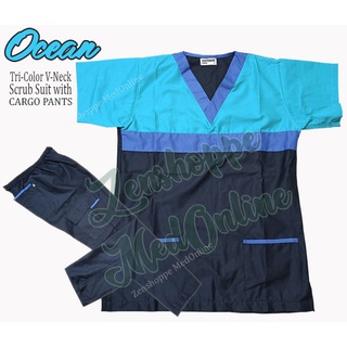 Tri-Color V-Neck Scrub Suit Set with Cargo Pants (Ocean) [LCC]