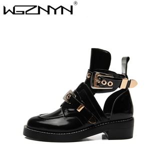 ™◙WGZNYN 2020 Autumn Metal Buckle Ankle Boots Women Punk Female Platform Boots Wedges High Heels PU
