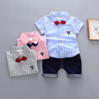 Baby Boy Fashion Sstriped Tie T-shirt Jacket + Jeans Set (1)
