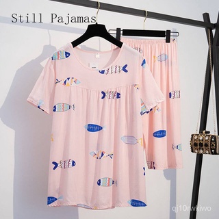 Summer Korean Style Women's Pajamas Set Home Clothing Loose Fat Sleeping Cute Female Cotton Loose Sl