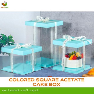 gift box☈6 inch Colored Square Acetate Cake Box Clear Transparent [Blue, Pink, W
