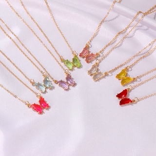 Korean Dream Color Crystal Butterfly Necklace Fantasy Stained Glass Butterfly Clavicle Necklace Delicate Woman Necklace