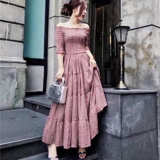 iQian Ladiess Fashion Off Shoulder Garterized Formal Floral Maxi Dress