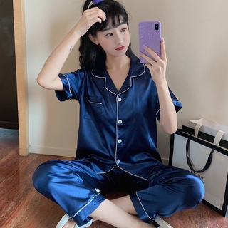 【M-5XL READY STOCK】Sleepwear for women Short Sleeve cardigan Summer Simulated Silk Housewear Lady pajamas
