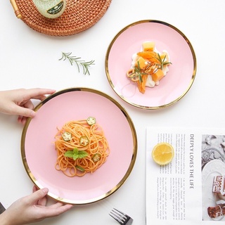 Pink Ceramic Dinnerware Plate Gold rim Kitchen Tableware