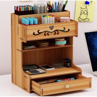Mr.Dolphin #Wooden Desk Organizer Multi-Functional DIY Pen Holder Box Office Supplies Desk Organizer