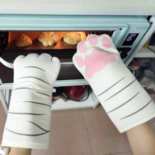 【Loveinhouse】3D Cartoon Animal Cat Paws Oven Long Mitts Microwave Heat Resistant Non-slip Gloves Cotton Baking Insulation Gloves