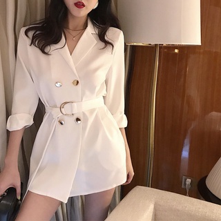 Autumn And Winter Tie Waist Suit Jacket Long Double Breasted Lapel Blouse