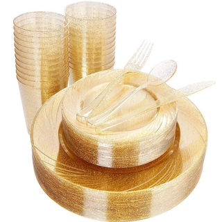 Birthday Party Disposable Tableware Plastic Plate Plastic Cup Wedding Gold Tableware Engagement Supplies (1)