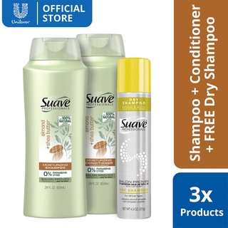 Suave Almond & Shea Butter Moisturizing Shampoo & Conditioner 28OZ , FREE Suave Dry Shampoo 4.3OZ