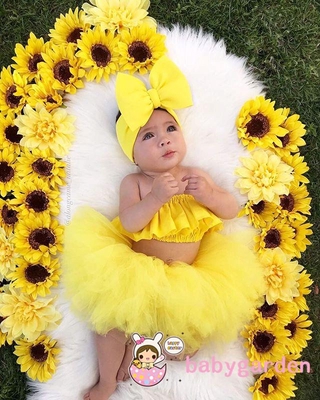 Babygarden-Baby Girls 3pcs Set Yellow Strapless + Tulle Tutu Skirt + Headband (2)