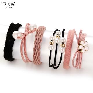 17KM 6 Pcs/bag Flower Pearl Hair Rope Set Black Pink Simple Ponytail Hair Band Women Accessories
