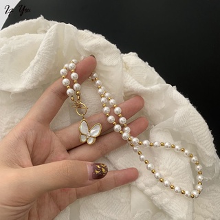 Korean Jewelry Pearl Chain Necklace Fashion Gold Beaded Choker Butterfly Pendant Necklaces Women Accessories Gift