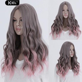 ‴Lolita Mix Grey Pink Centre Parting Cosplay Long Curly Wavy Hair Full Wigs