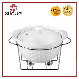 SLIQUE Ceramic Round Serving Dish w/ Glass Lid and Metal Stand w/ Tealight Candle Holder 2.4L