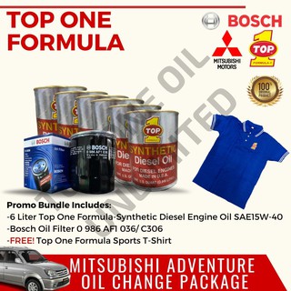 Mitsubishi Adventure Oil Change Package Top One and Bosch BUNDLE with FREE Sports T-Shirt- SAE15W-40