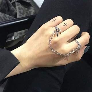 Silver Color Plated Punk Hip-Hop Cross Ring Hand Finger Chain Adjustable Women Jewelry