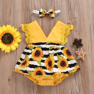 Baby Girl Clothing Set 2Pcs Baby Romper and Headband Lace Short Sleeve Sunflower Newborn Baby Dress