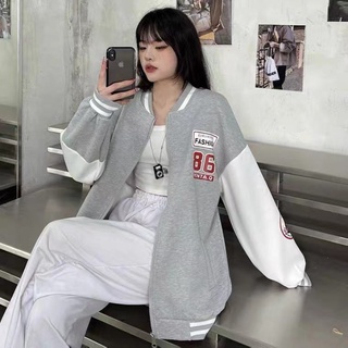 【Ready Stock &Oversize】Women's 2021 Autumn New Splicing Color Harajuku Style Digital ‘86’ Printed Baseball Uniform Jacket