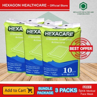 Disposable Adult Underpads (HEXACARE) Large Size 600mm x 750mm, Pack of 3