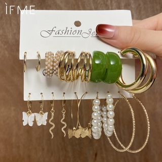 Ifme Resin Earrings Set Butterfly Pearl Elegant Hoop Stud Earring Women Fashion Jewelry Accessories