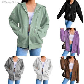 ☋2021 autumn new solid color hooded plus velvet sweatshirt long-sleeved jacket women s street loose (1)