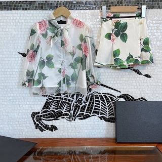 2Pcs Summer Girl Set Full Print Bow Chiffon Long Sleeve Shirt Skirt Set