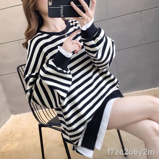 ◐✚Plus size women s spring and autumn Korean striped cotton long-sleeved t-shirt fat mm fake two-pie
