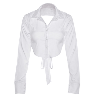 Fashion Women Plain Button Polo Neck Backless Ribbon Knot Crop Top Long Sleeve Casual Tshirt (6)