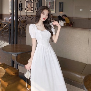 French Style White Dress for Women Summer 2021 New Retro Waist-Controlled Pleated Skirt Mid-Length