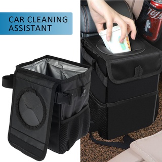 Car Bin Car Trash Can with Lid and Side Pockets Foldable Waterproof Car Storage Bag Van Accessory