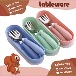 Baby Plain Stainless Spoon and Fork Set with Case Training Spoon for Toddlers