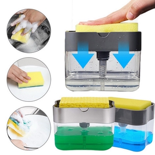 2-in-1 Soap Pump Dispenser with Sponge Holder Cleaning Liquid Dispenser Container Manual Press Soap Organizer Kitchen Cleaner Tool