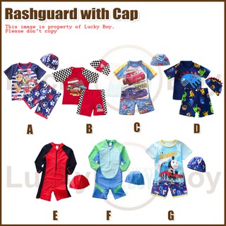 Overall Kids Rash Guards One Piece Swimwear with Cap