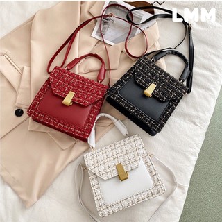 0083 korean style high fashion women bag tweed handbag with sling bag pu leather hand bag gold (1)