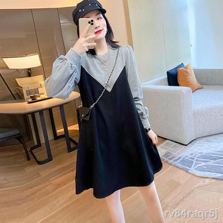✔✆♟Cotton contrast stitching fake two-piece dress women s loose large size long-sleeved a-line skirt
