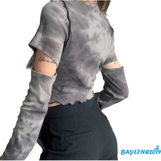 BAY-Womens Rib Knit Crop Tops, Fashion Tie Dye Print Long Sleeve Lace Up V Neck T-Shirts (4)