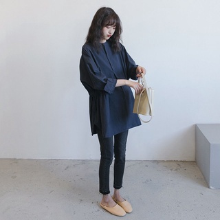 Maternity spring and autumn set long shirt 2021 new loose minimalist hundreds of points denim strap