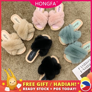HF fashion faux fur woman slippers korean flats cod f16