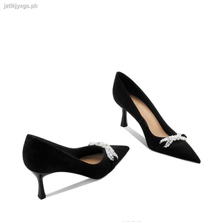 ☋Black high-heeled women s thin heel 2021 autumn new socialite fan feminine sexy pearl decoration shallow mouth women s shoes [issued on August 20]]