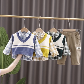 Children's Clothing Boys Autumn Sweater Vest Suit2021New Children's Korean Style Three-Piece Set Handsome Baby Spring and Autumn Fashion
