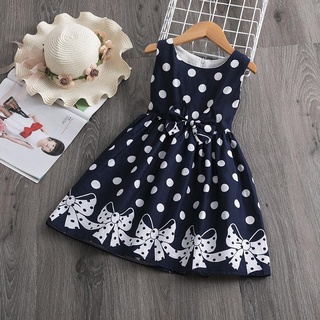 [NNJXD]Baby Girl Polka Dots Dress Bowkot Pattern Sleeveless Kids Clothes Birthday Party Wear