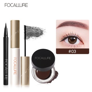 Focallure 3pcs Waterproof Eye Makeup Set Black Eyeliner Curling Thick Mascara Eyebrow Gel